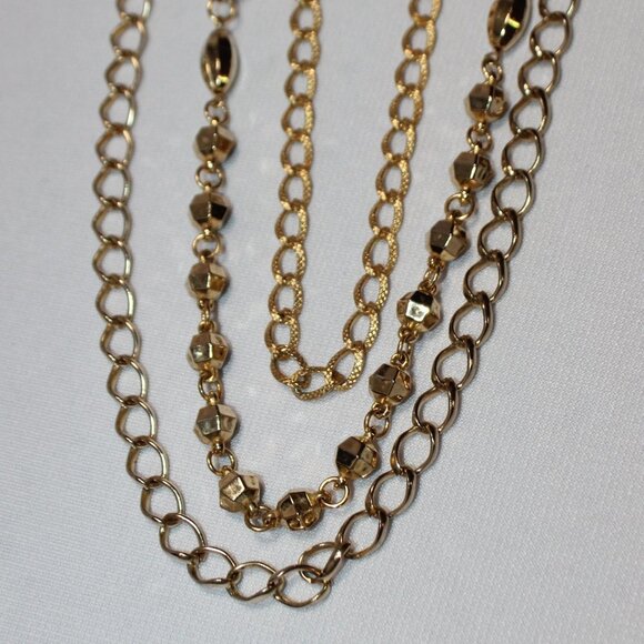 Vintage Gold Tone Tri-Strand Chain and Bead Necklace - Picture 6 of 9